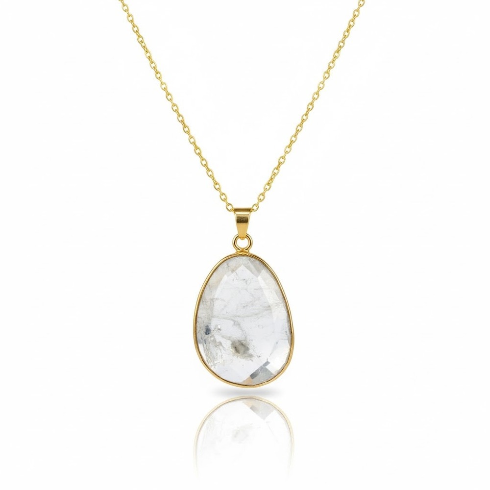 Gold Tone Necklace‎ with Clear Quartz Teardrop Stone Pendant Jewelry